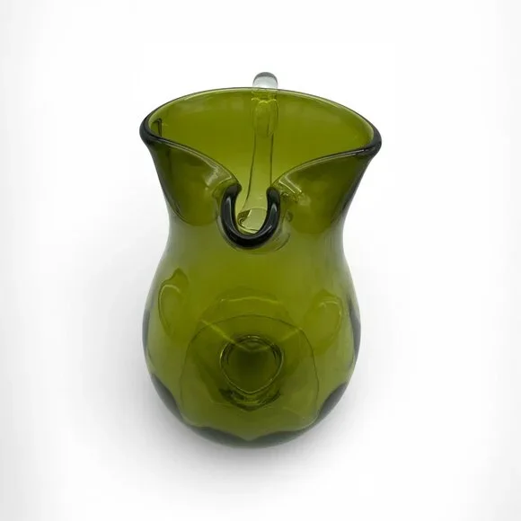 Vintage Avocado Green Art Glass Pitcher Pedestal Base Applied Handle MCM - Picture 6 of 11